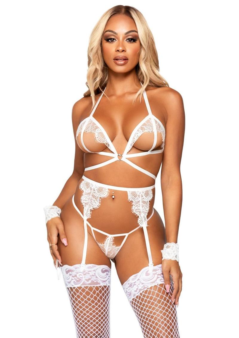 Eyelash Lace Cage Strap Open Cup Bra with Heart Ring Accent, Garter Belt, G-String Panty and Wrist Cuffs