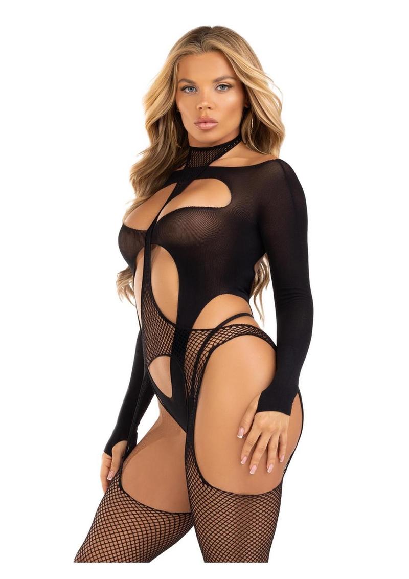 Spicy Suspender Bodystocking and Layered Opaque Cut-Out Teddy