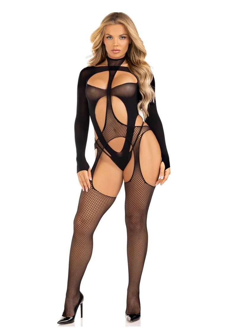 Spicy Suspender Bodystocking and Layered Opaque Cut-Out Teddy