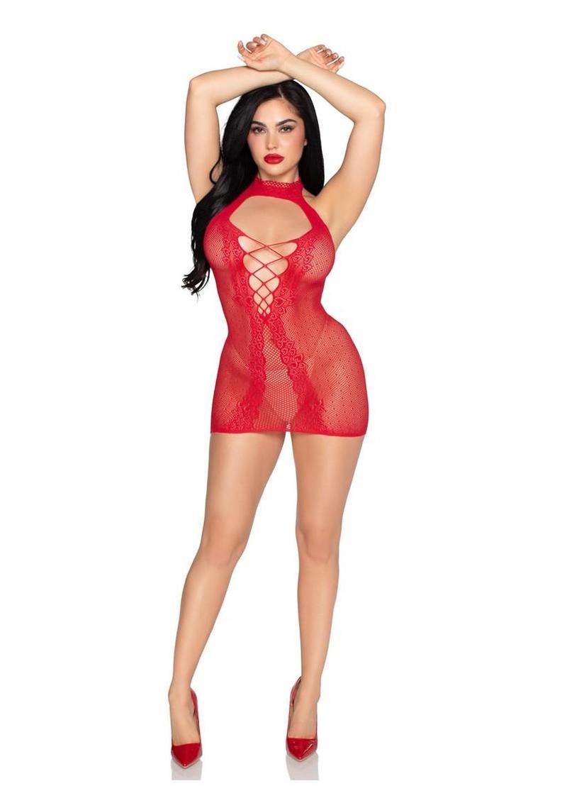 Dotted Net and Lace Halter Mini Dress with Faux Lace-Up Open Back