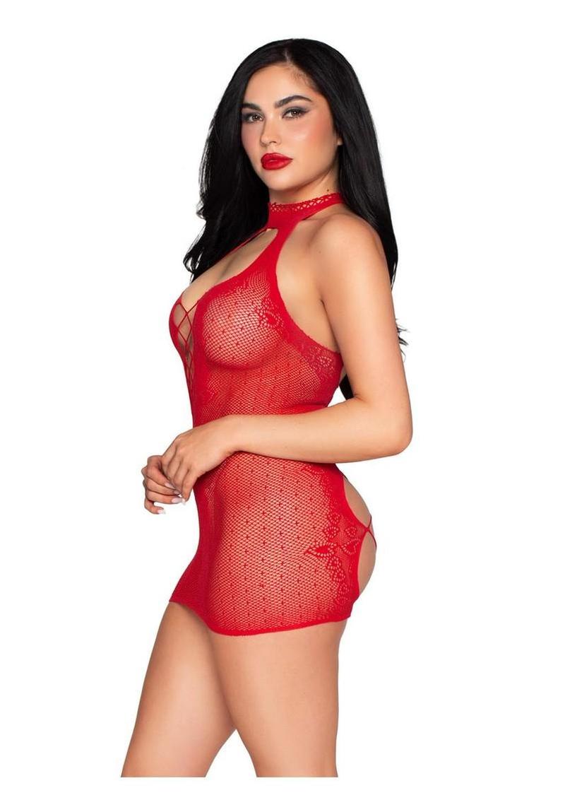 Dotted Net and Lace Halter Mini Dress with Faux Lace-Up Open Back