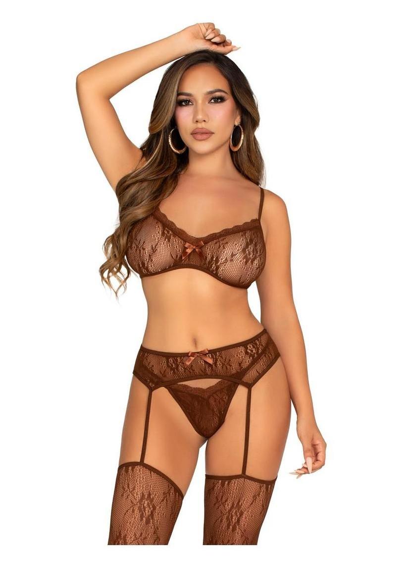 Lace Bra Top with Mini Bow Detail, V-Front G-String, and Garter Belt Stockings - Cocoa