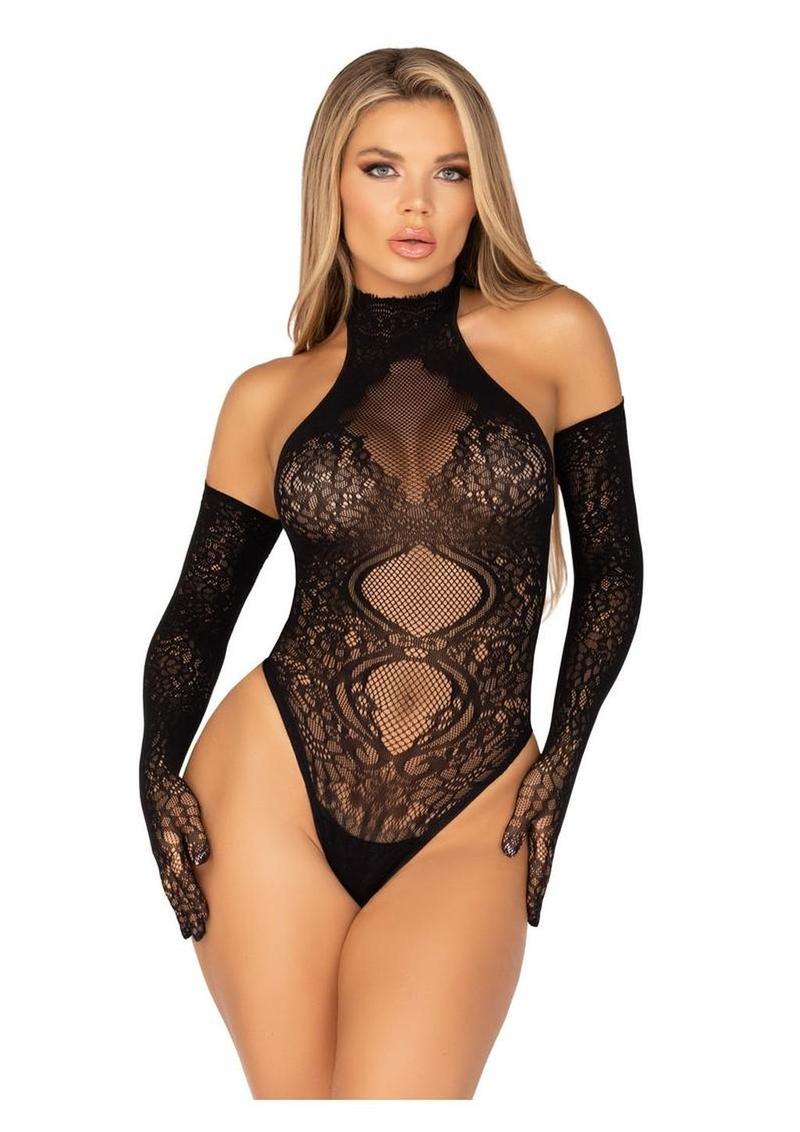 Lace Halter Teddy and Matching Long Lace Gloves