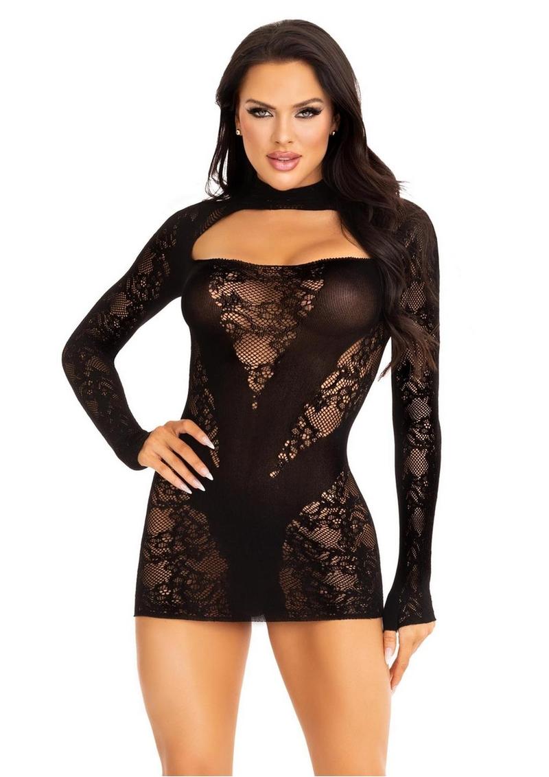 Lace Keyhole Mini Dress with Opaque Panel Detailing and Gloved Sleeves