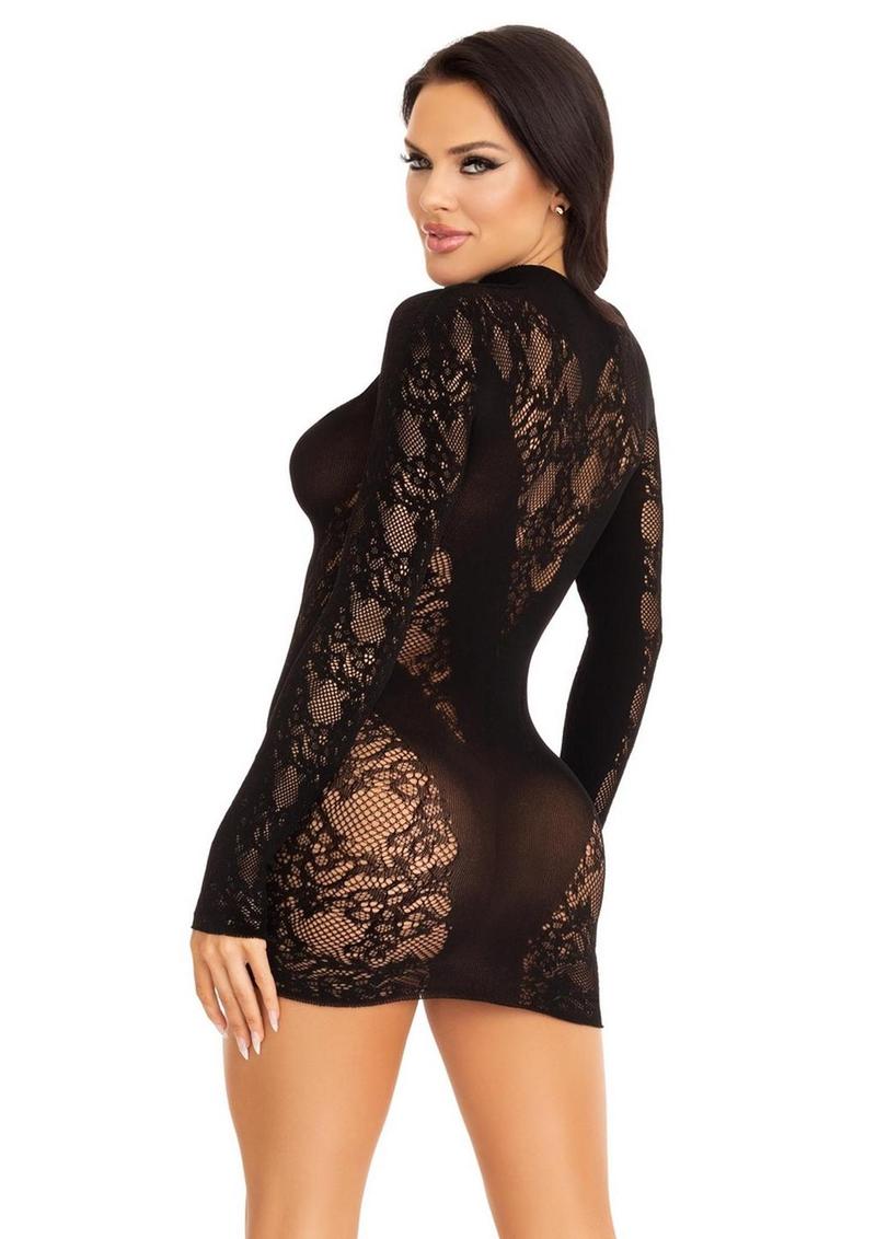 Lace Keyhole Mini Dress with Opaque Panel Detailing and Gloved Sleeves