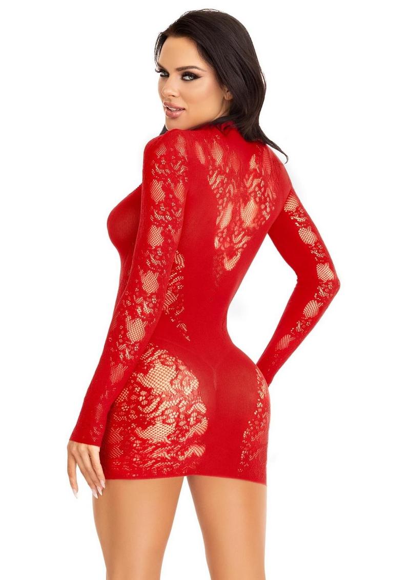 Lace Keyhole Mini Dress with Opaque Panel Detailing and Gloved Sleeves