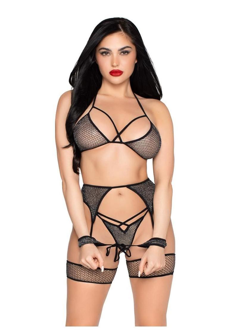 Leg Avenue Shimmer Net Bra Top, G-String Panty, Garter Harness and Wrist Ties