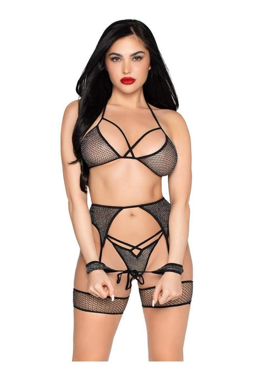 Leg Avenue Shimmer Net Bra Top, G-String Panty, Garter Harness and Wrist Ties
