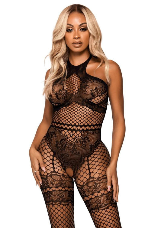 Seamless Industrial Net Halter Bodystocking with Faux Lace Lingerie Detail